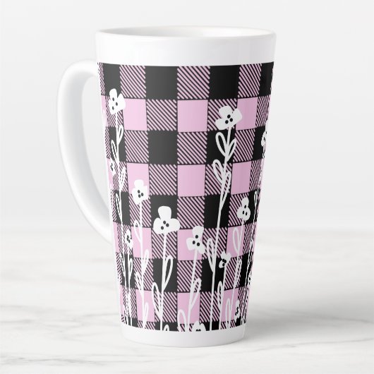 Tasse Latte Élégant doodé noir rose floral plaid motif (Angle gauche)