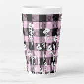 Tasse Latte Élégant doodé noir rose floral plaid motif (Devant)