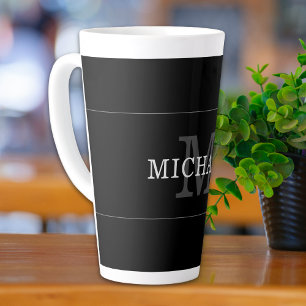 Tasse Latte Élégant Monogramme Argent Noir Nom Personnalisé