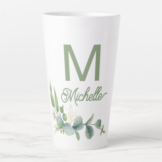 Tasse Latte Élégant Monogramme de verdure Nom personnalisé et (Devant)