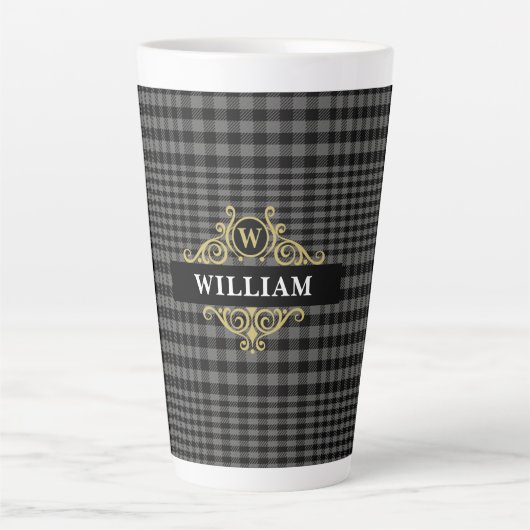 Tasse Latte Élégant Monogramme noir gris or (Devant)