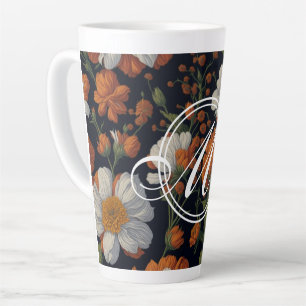 Tasse Latte Élégant moody Orange blanc élégant fleurs rétro