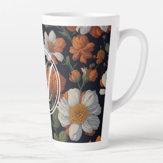 Tasse Latte Élégant moody Orange blanc élégant fleurs rétro (Droite)