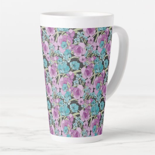 Tasse Latte Elégant motif floral rose pourpre fond noir (Angle droit)