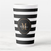 Tasse Latte Élégant Noir Blanc Or Script Monogramme (Devant)