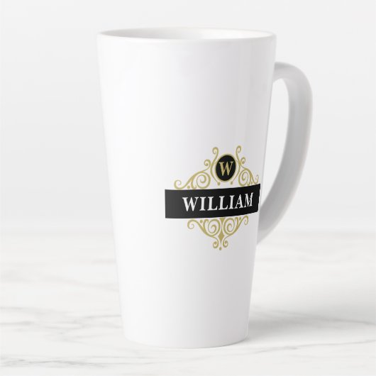 Tasse Latte Élégant Noir Monogramme Nom initial (Angle droit)