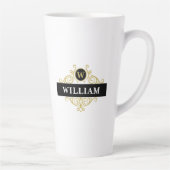 Tasse Latte Élégant Noir Monogramme Nom initial (Droite)