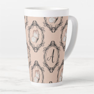 Tasse Latte Élégant papillon rose victorien Damask Monogramme