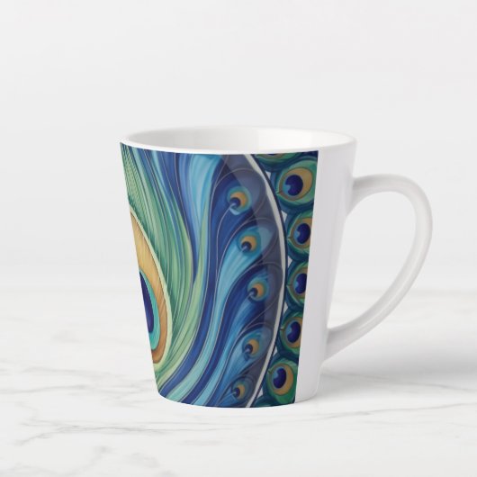 Tasse Latte Elégant Peacock Feather Mandala (Droite)