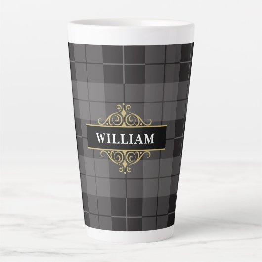 Tasse Latte Élégant Plaid Tartan Monogramme Noir Or (Devant)
