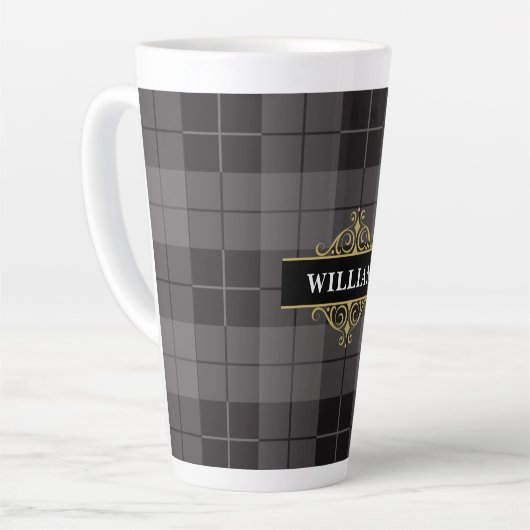 Tasse Latte Élégant Tartan Noir Plaid Monogramme (Angle gauche)