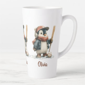 Tasse Latte Enfant de softball personnalisé de pingouin d'hive