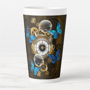 Tasse Latte Engrenages Steampunk et papillons bleus