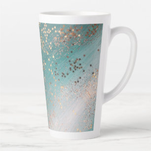 Tasse Latte Étoiles d'or chatoyantes sur Turquoise