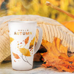 Tasse Latte Fall In Love Bonjour Automne Orange Feuille Latte<br><div class="desc">♥ Célébrez la beauté enchanteresse de l'automne avec notre "Fall In Love Hello Autumn" Latte Mug orné de feuilles de chute d'aquarelle dans des teintes oranges brûlées riches. ♥ Ce charmant morceau rustique est idéal pour les douches nuptiales, faisant un cadeau saisonnier parfait ou un délicieux prix boho pour les...</div>