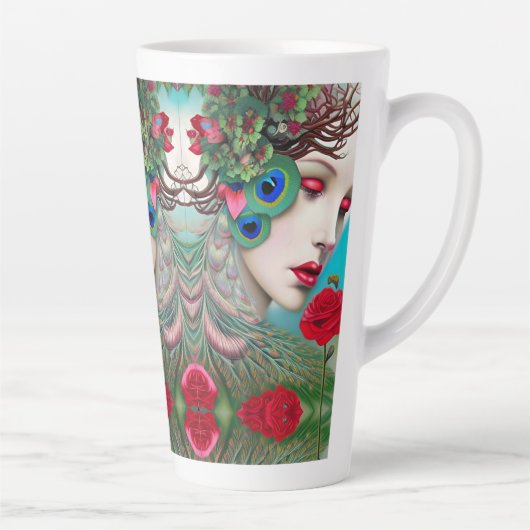 Tasse Latte Feminine Red Lips et Rose Peacock Abstrait (Droite)