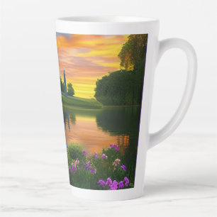 Tasse Latte Ferme Toit Violet Étang au Lever du Soleil