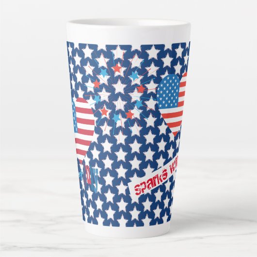 Tasse Latte Feu d'artifice 4 juillet American USA Flag Heart F (Devant)