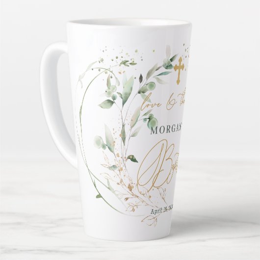 Tasse Latte Feuillage d'or vert, Croix, Baptême Confetti  (Angle gauche)