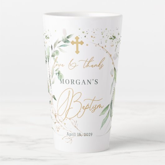 Tasse Latte Feuillage d'or vert, Croix, Baptême Confetti (Devant)