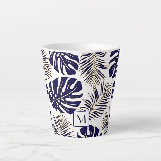 Tasse Latte Feuilles et monogramme bleu et or de la Marine (Devant)