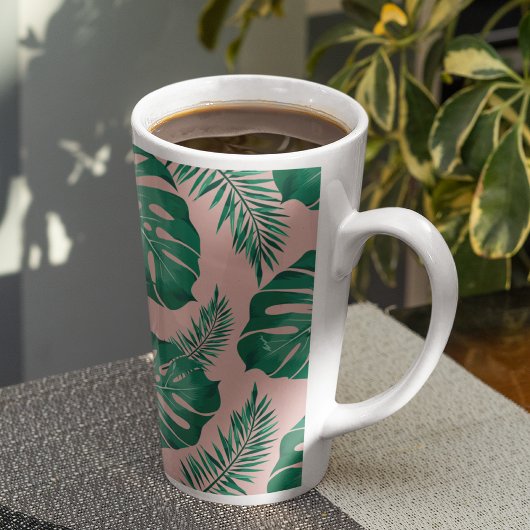 Tasse Latte Feuilles Pink & Green Palm sans couture Motif
