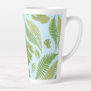 Tasse Latte Feuilles verts sur Pastel Blue Color. Motif feuill