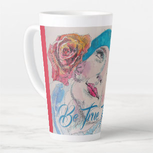 Tasse Latte Fille avec Rose Rouge Beret Aquarelle Soyez Vrai P