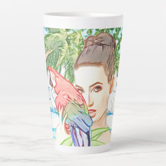 Tasse Latte Fille avec un perroquet (Devant)