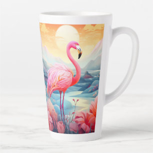 Tasse Latte Flamant Tropical avec Fleurs