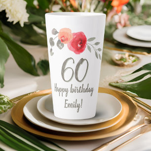 Tasse Latte Fleur Aquarelle Rose Rouge Fleur 60ème Anniversair