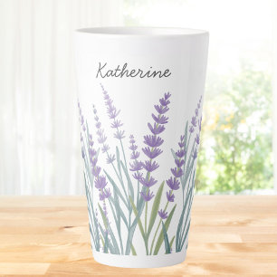 Tasse Latte Fleur de lavande violette personnalisée aquarelle