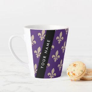 Tasse Latte Fleur de Lis, Beige sur Violet, Royal, Votre Nom