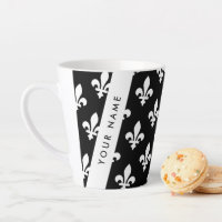 Fleur de Lis, Blanc sur Noir, Blanc, Votre Nom