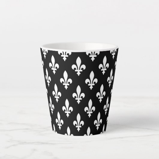Tasse Latte Fleur de Lis Motif, Royal French, Blanc sur Noir (Devant)