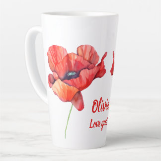 Tasse Latte Fleur de naissance d'août Pavot rouge Aquarelle