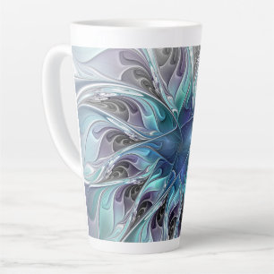 Tasse Latte Fleur fractale moderne abstraite avec du bleu