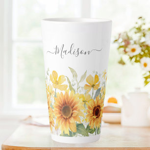 Tasse Latte Fleur jaune de monogramme Tournesol floral botaniq