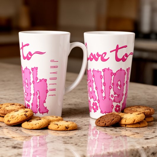 Tasse Latte Fleur rose Chunky Texte Slogan avec nom