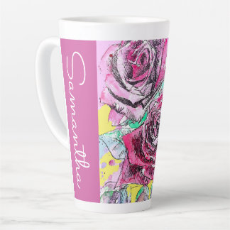 Tasse Latte Fleur rouge Floral Aquarelle Femme Nom