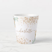 Tasse Latte fleurons d'or rose eucalyptus or nom parties scint (Devant)