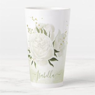 Tasse Latte fleurs blanches romantiques avec de jolis feuilles