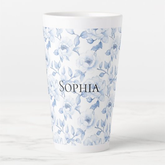 Tasse Latte Fleurs Blancs Chic Et Joli Bleu (Devant)