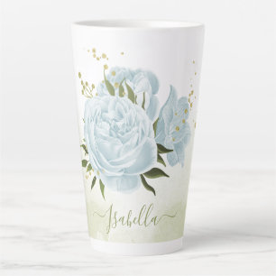 Tasse Latte fleurs bleues romantiques & vert feuille botanique