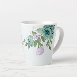 Tasse Latte fleurs bleues violettes romantiques  verdure