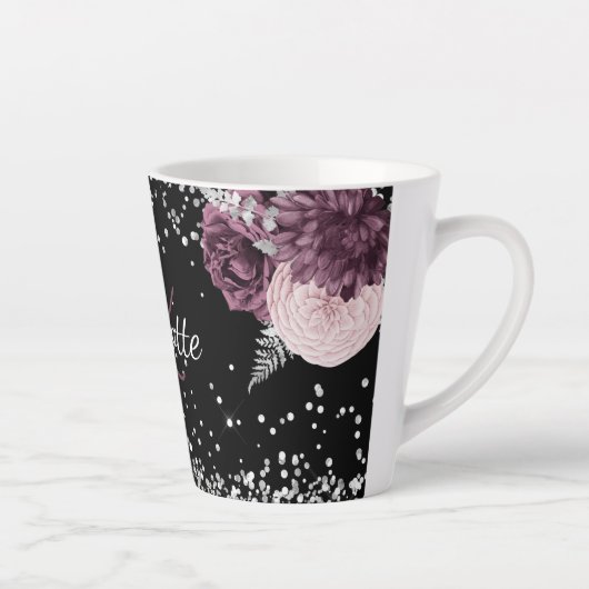 Tasse Latte Fleurs bordeaux noires élégant nom monogramme (Droite)