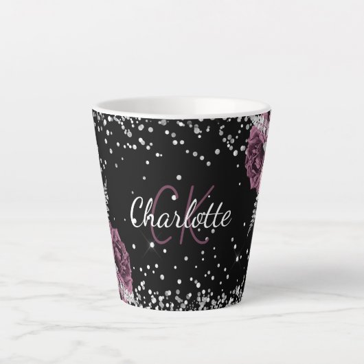 Tasse Latte Fleurs bordeaux noires élégant nom monogramme (Devant)