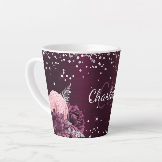 Tasse Latte Fleurs Bourgogne élégant nom monogramme (Angle gauche)