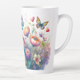 Tasse Latte Fleurs, cœurs et papillons