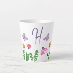 Tasse Latte Fleurs colorées et papillons Monogramme H